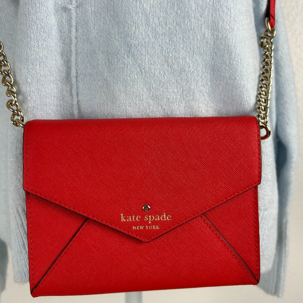 Kate Spade Red Envelope Crossbody Bag Saffiano Leather Chain Strap NWOT